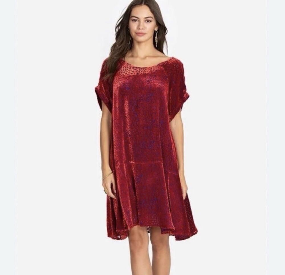 JOHNNY WAS Doris Red Animal Print Velvet Burnout Silk Blend Mini Dress Sz M